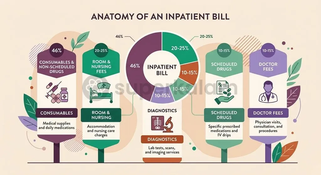 Anatomy of an inpatient bill: consumables, diagnostic tests, and accommodation charges comprise the bulk of total expenses.