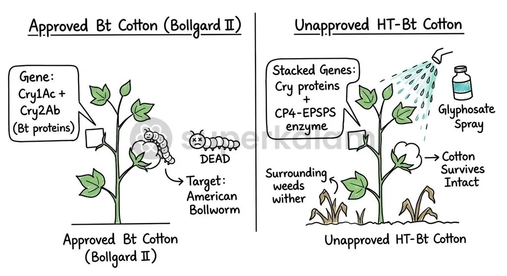 Approved Bt traits target insect gut physiology, whereas unapproved HT-Bt incorporates metabolic pathways that tolerate broad-spectrum herbicide applications.