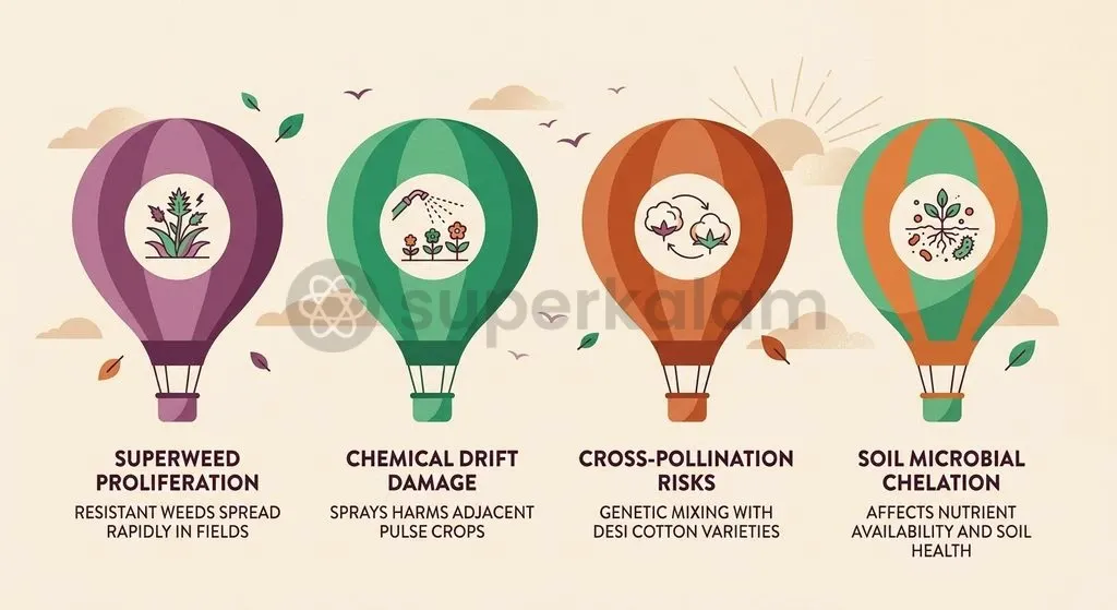 Uncontrolled glyphosate application risks selecting herbicide-tolerant superweeds and contaminating conventional non-GM cotton germplasm.