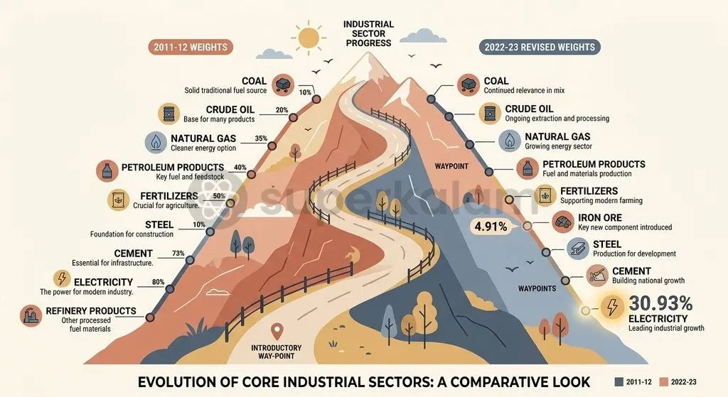 The rebased 2022-23 series realigns sector significance, elevating electricity and introducing iron ore as the ninth anchor.