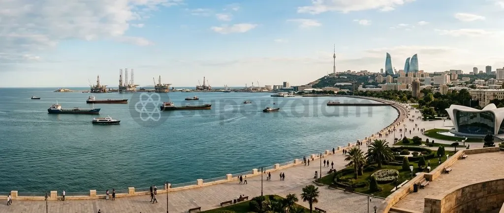 The Caspian Sea coastline along Baku represents an important crossroads for Eurasian connectivity and international energy transport.