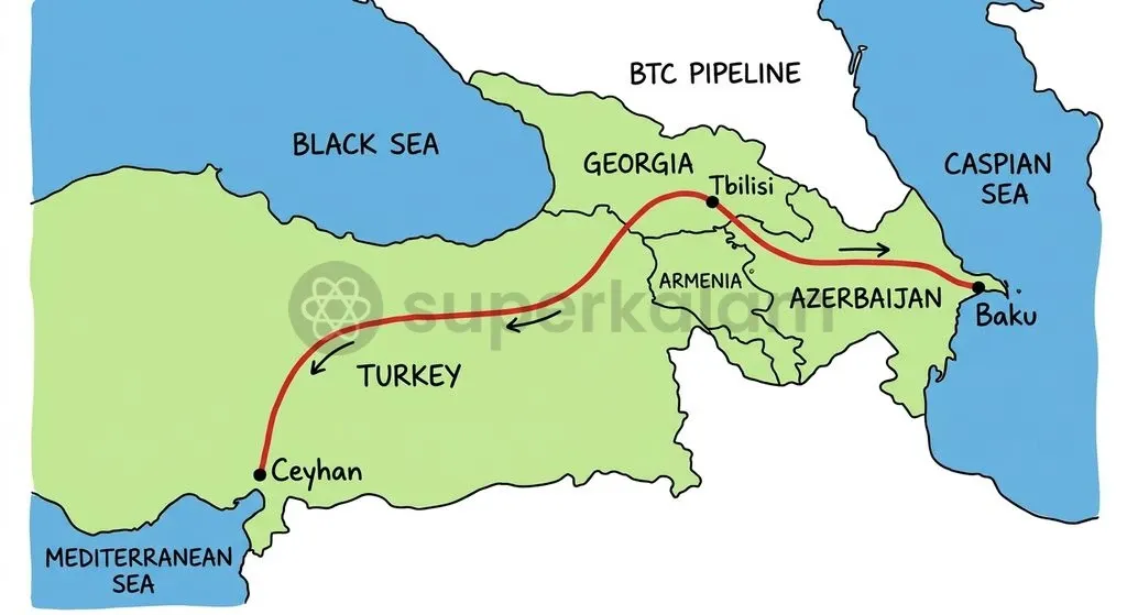 The Baku-Tbilisi-Ceyhan pipeline spans 1,768 kilometres to connect Caspian offshore reserves directly to Mediterranean tanker terminals.