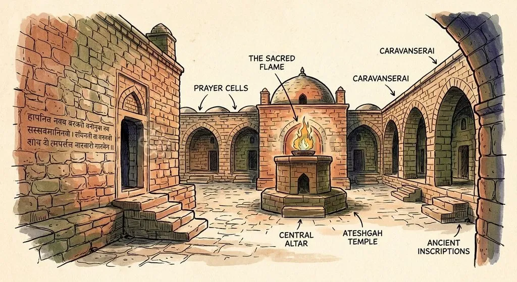 The 17th-century Ateshgah fire temple near Baku preserves centuries-old commercial and cultural links forged by Indian traders along Silk Road routes.