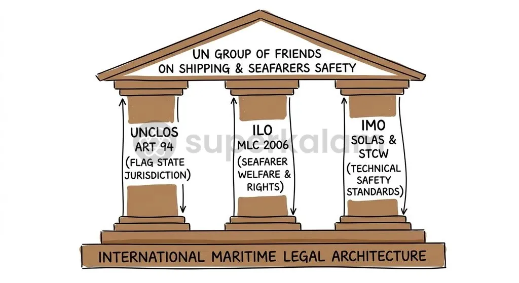The Group of Friends links UN diplomatic advocacy with established international legal conventions to protect global maritime personnel.
