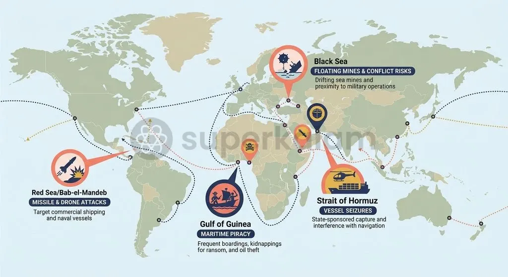 Commercial shipping routes face varied asymmetric hazards across critical choke points, from drone strikes to high-seas piracy.