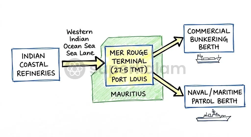 The Mer Rouge bunkering terminal provides essential refuelling infrastructure for vessels navigating Southwest Indian Ocean sea lanes.