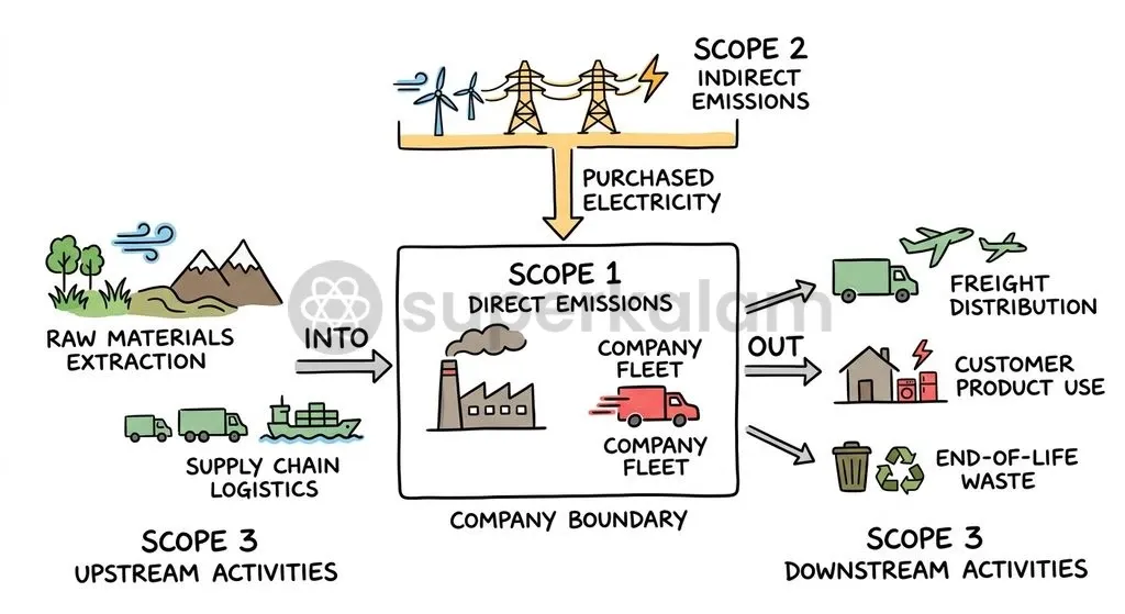 The Greenhouse Gas Protocol categorises corporate emissions into three distinct operational scopes, defining the boundaries used on digital net zero portals.