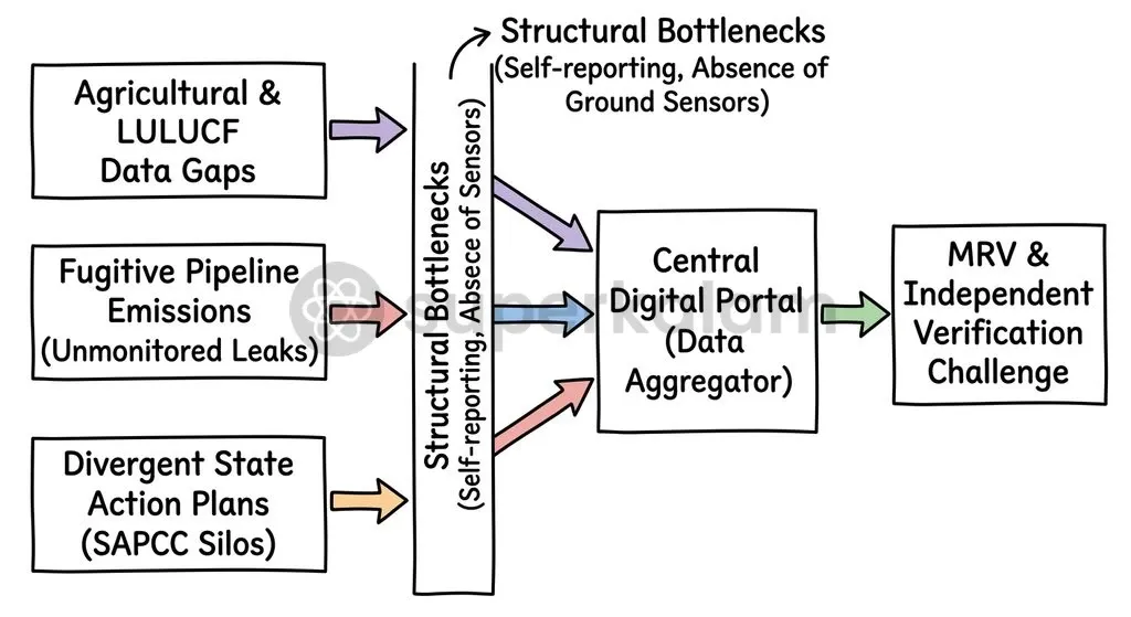 Structural data bottlenecks span from unmonitored fugitive methane emissions to interstate grid accounting complexities across state boundaries.