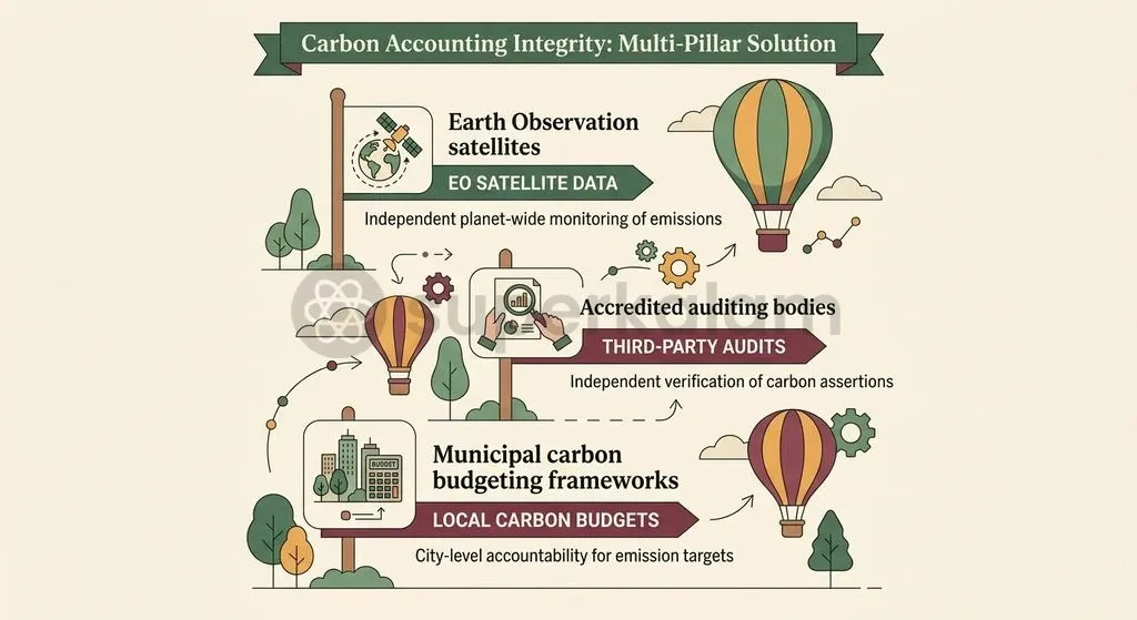 High-integrity carbon accounting requires combining digital dashboards with space-based Earth Observation and independent third-party auditing.