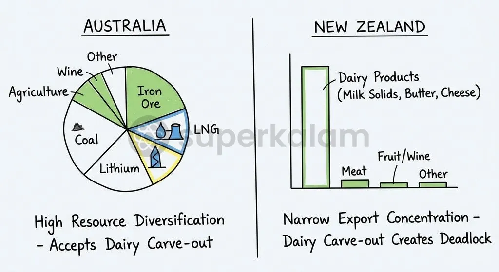 New Zealand's heavy export reliance on dairy prevented an Australia-style agricultural exclusion during bilateral talks.