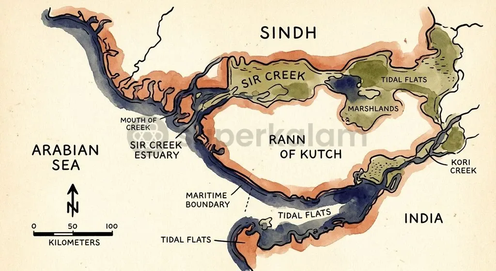 The Sir Creek estuary in the Rann of Kutch remains a central factor in maritime boundary delimitation in the Arabian Sea.