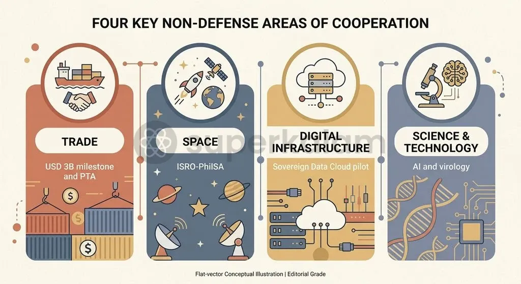 Beyond defense, India-Philippines ties encompass space research with ISRO and PhilSA, sovereign cloud pilots, and preferential trade negotiations.