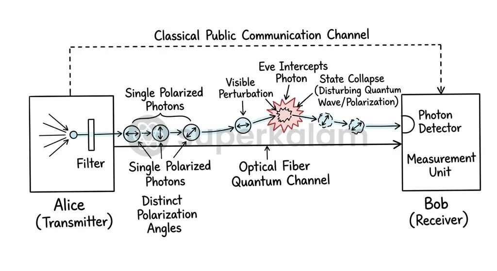 The No-Cloning Theorem and Heisenberg Uncertainty Principle ensure that any interception alters the quantum state of transmitted photons, exposing eavesdroppers instantly.