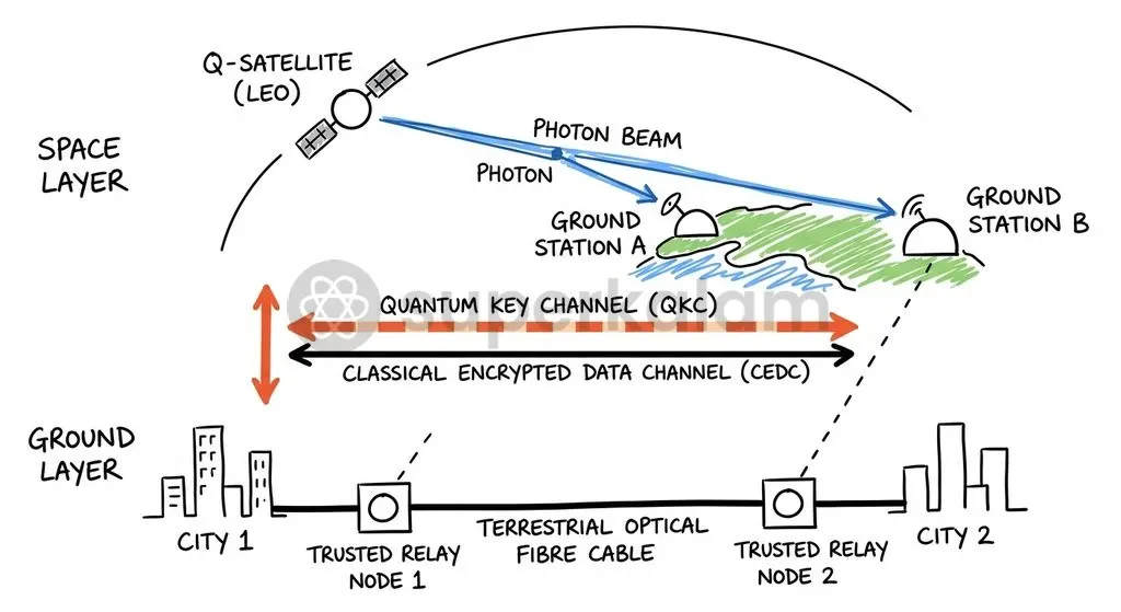 A comprehensive quantum communication grid integrates terrestrial fibre links and trusted relay nodes with space-to-ground satellite links to overcome photon attenuation.