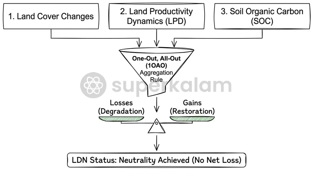 The UNCCD 1OAO framework: a negative trend in any single sub-indicator classifies the land unit as degraded.