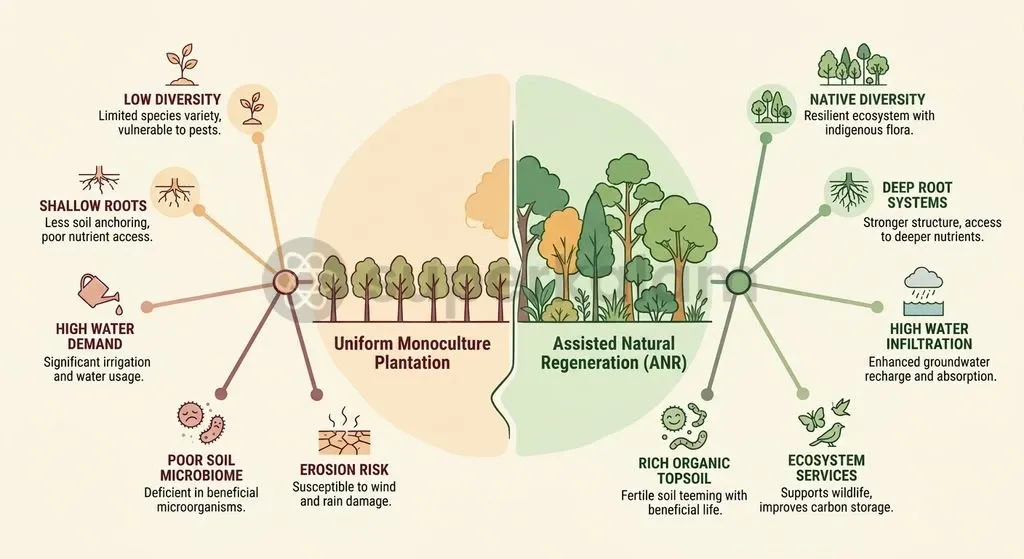 Commercial monoculture plantations often deplete groundwater without restoring deep soil carbon stocks.