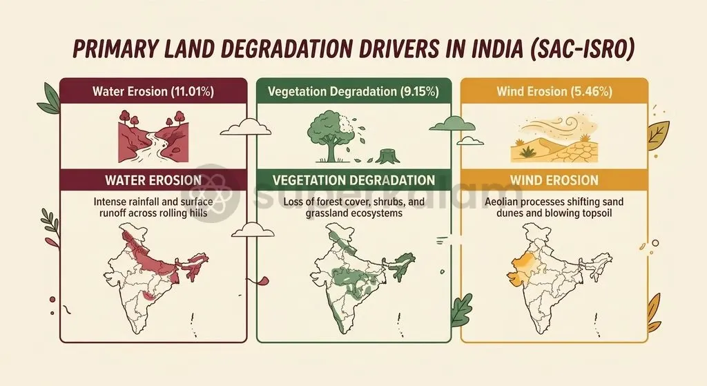 Water erosion and vegetation loss account for over 20% of land degradation across India's geographic area.