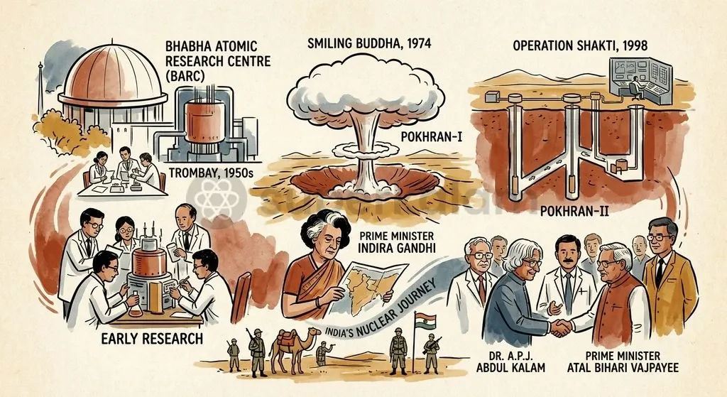 India's strategic evolution progressed from the 1974 peaceful explosion to declared weaponisation under Operation Shakti in 1998.