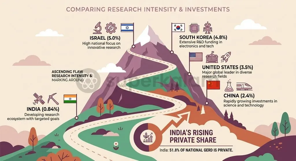 While India's private sector R&D contribution has expanded to 51.8%, overall national GERD intensity remains below global front-runners.