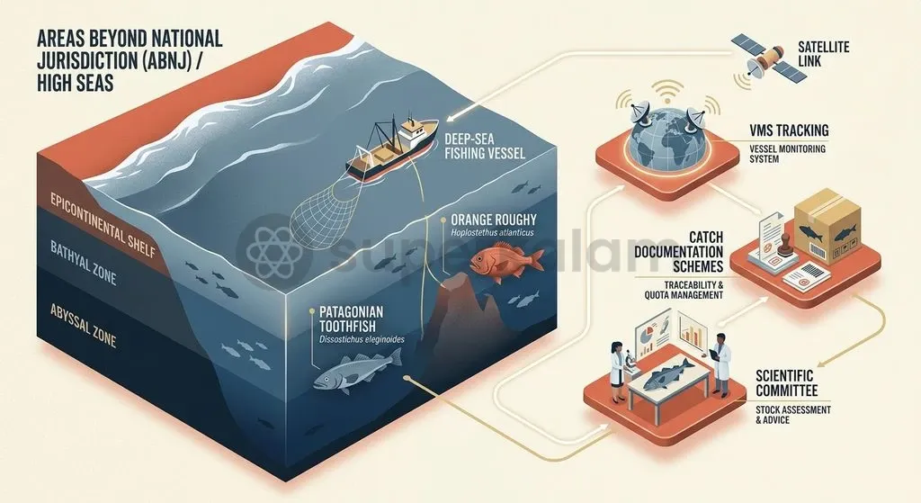 SIOFA's regulatory framework governs non-tuna marine resources beyond national jurisdictions through vessel monitoring, documentation, and conservation limits.