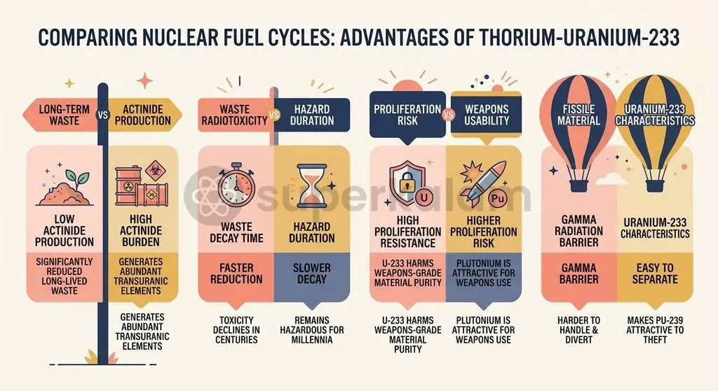 Trace Uranium-232 in irradiated thorium emits protective high-energy gamma rays, providing inherent non-proliferation safeguards.