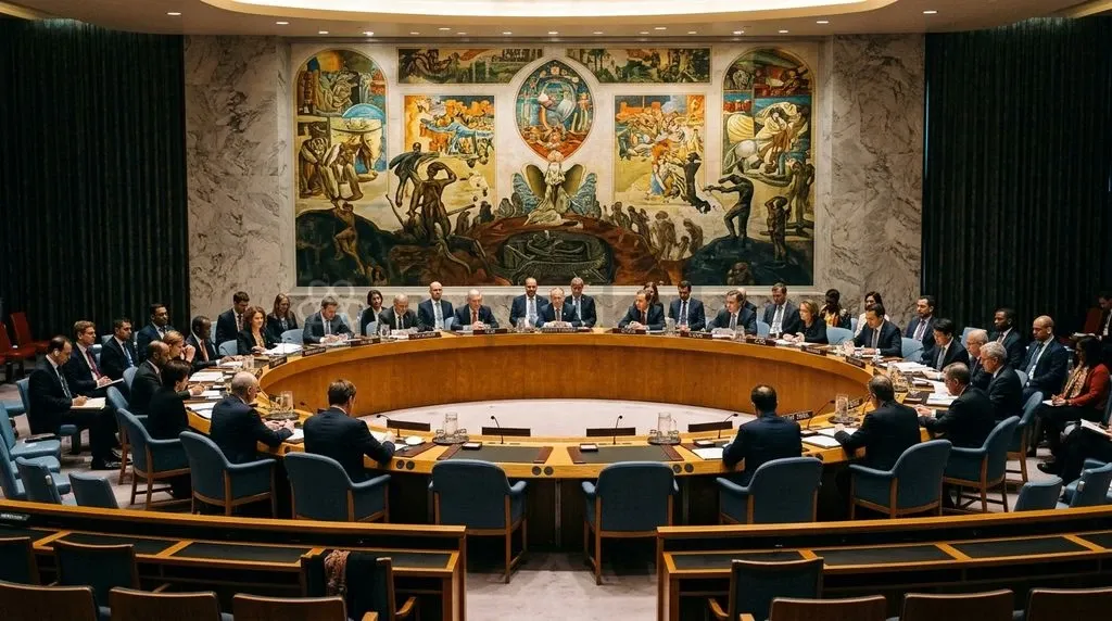 The United Nations Security Council chamber in New York, where elected non-permanent members navigate the structural supremacy of the permanent five.
