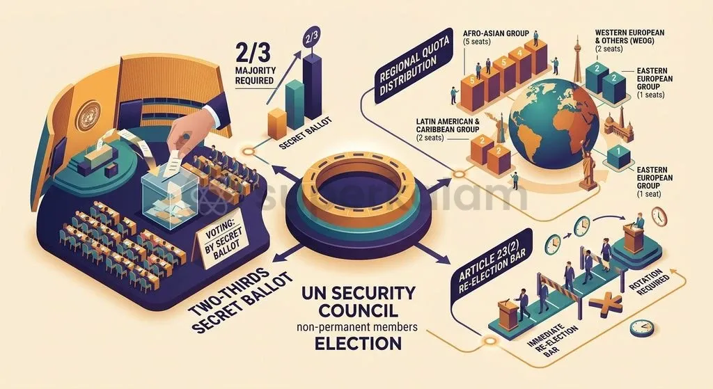 Electoral rules under the UN Charter require a two-thirds General Assembly majority by secret ballot across defined regional quotas.