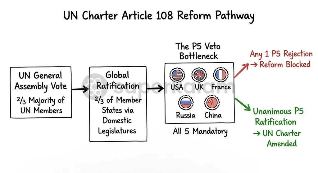 Article 108 of the UN Charter requires two-thirds General Assembly approval and domestic ratification by all permanent members.