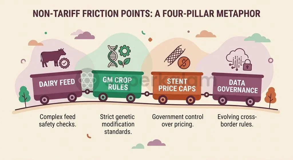 Non-tariff regulatory mechanisms in agriculture, healthcare price controls, and digital governance form the primary structural barriers to an Indo-US free trade agreement.