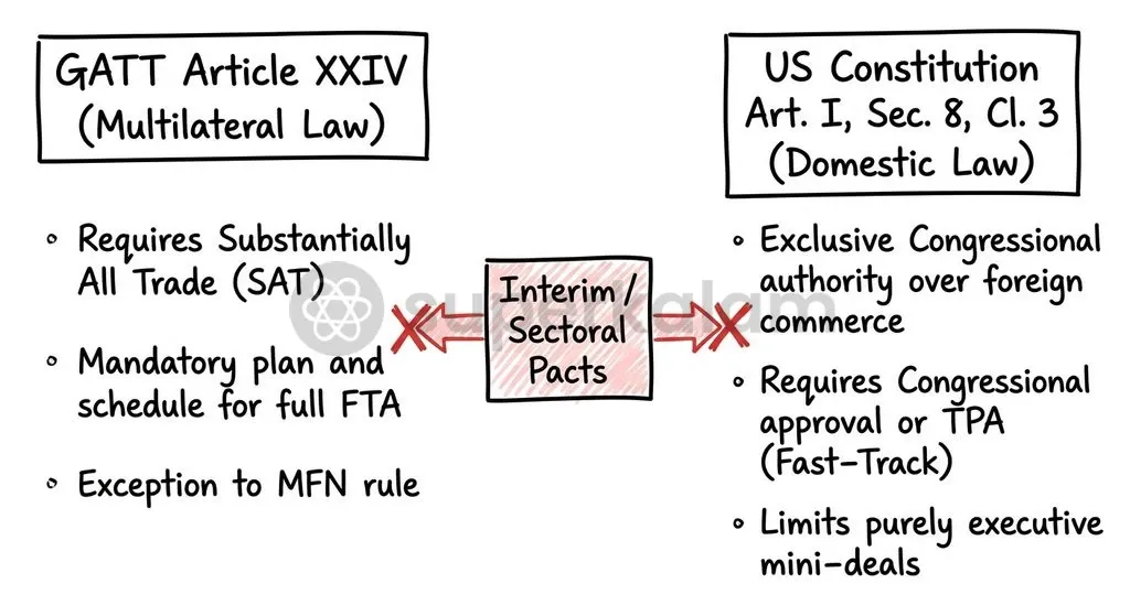 Preferential mini-deals face simultaneous constraints under GATT Article XXIV disciplines and US congressional trade authority limits under Article I of the US Constitution.