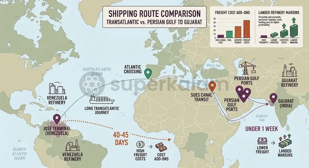 Long shipping distances across the Atlantic consume crude price discounts through steep tanker freight charges.