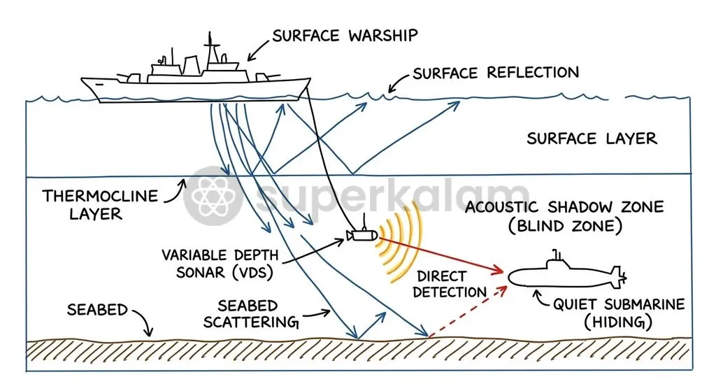 Shallow coastal waters create acoustic shadow zones and multipath reverberation that obscure submarine targets.