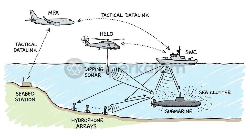 Coordinated ASW networks integrate shallow-water craft with aerial platforms like the P-8I and MH-60R to maintain a persistent littoral kill web.