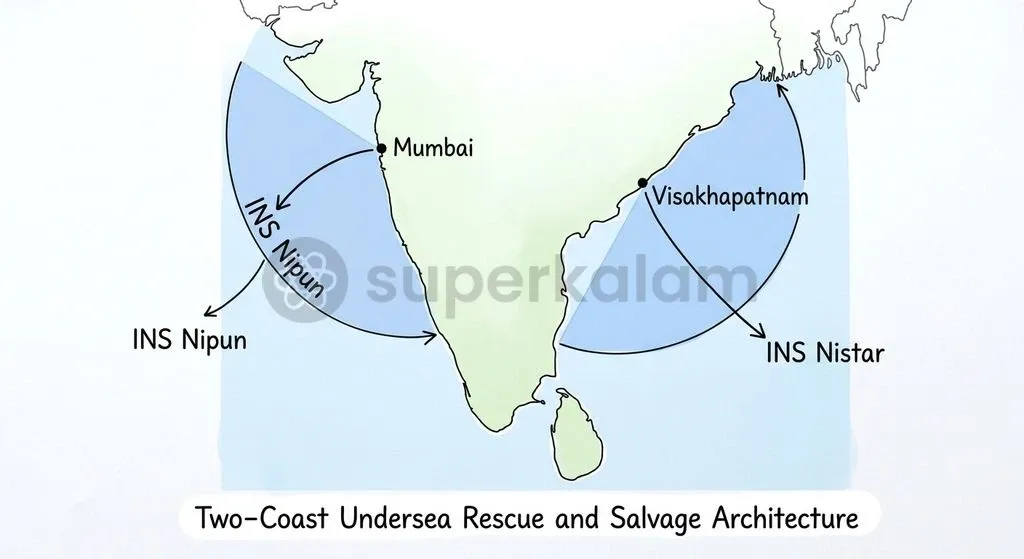 Permanent two-coast deployment of INS Nistar at Visakhapatnam and INS Nipun at Mumbai secures India's maritime flanks.