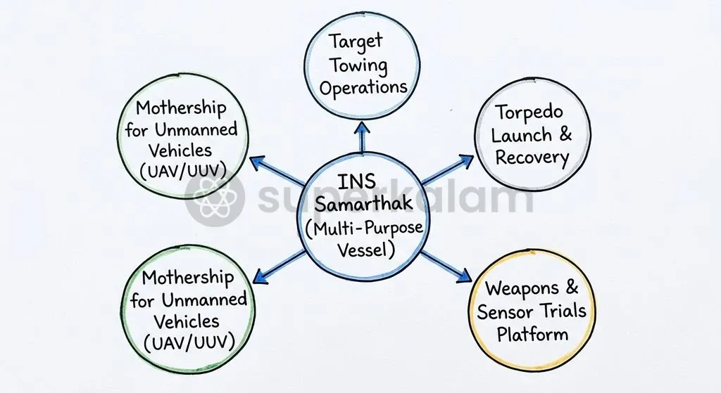 INS Samarthak operates across multiple domains, from target towing and weapons trials to unmanned vehicle operations.