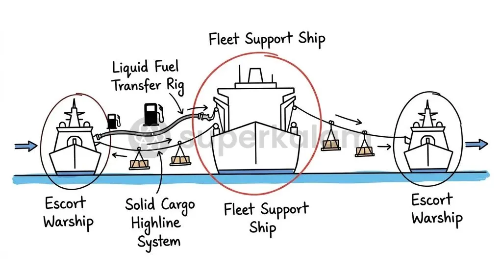 Underway replenishment enables simultaneous transfer of liquid fuel, fresh water, and solid munitions to multiple combatants at sea.