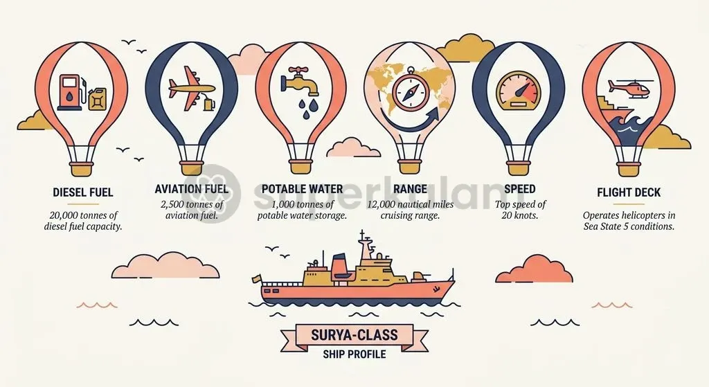 INS Surya carries extensive liquid and solid payloads alongside advanced workshops and hospital facilities.