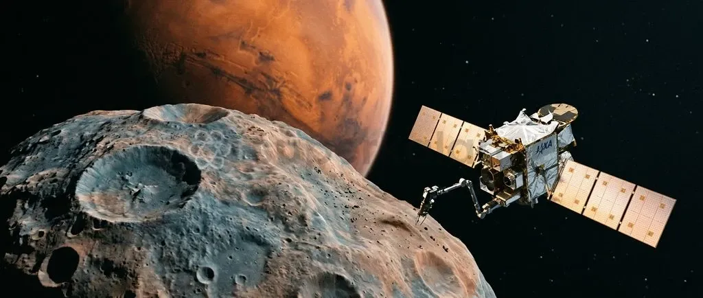 JAXA's MMX spacecraft approaches Phobos to investigate its origin and retrieve regolith samples from the Martian system.