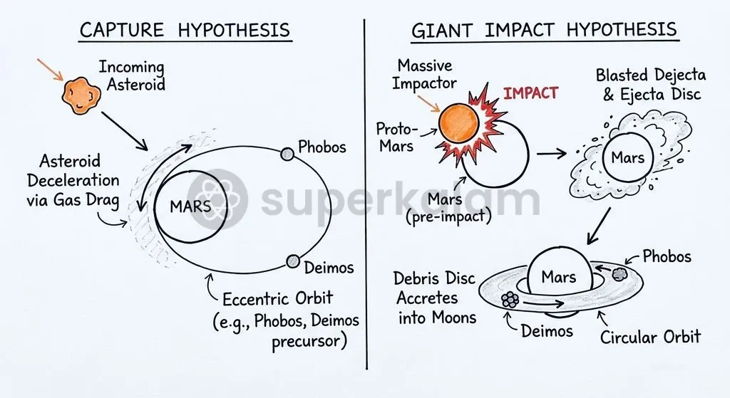 The two competing hypotheses explaining the origin of Phobos: gravitational capture of an outer-belt asteroid versus coalescence from a giant collision debris disk.