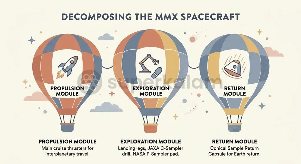 The modular architecture of MMX, detailing the Propulsion Module, Exploration Module with landing gear, and Return Module housing the Sample Return Capsule.