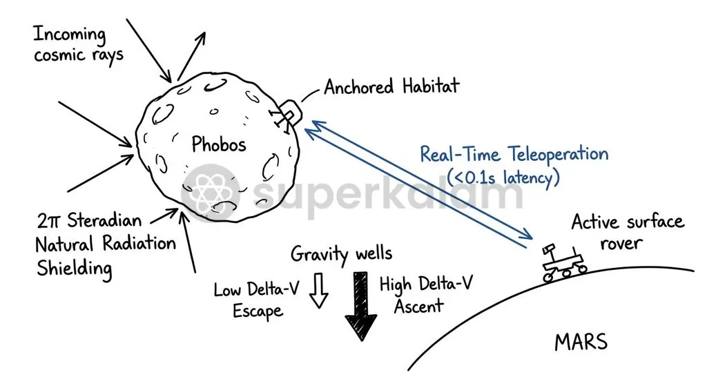 Phobos provides low-delta-V accessibility, 50% cosmic radiation shielding, and near-zero-latency teleoperation for Martian exploration.