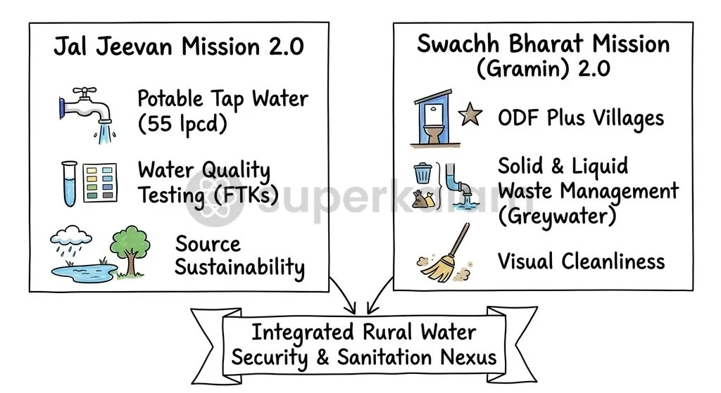 JJM 2.0 and SBM-G 2.0 represent interconnected pillars of rural public health engineering and environmental sanitation.