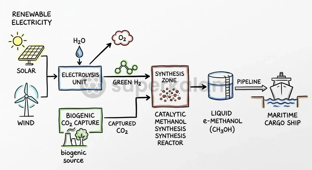 The closed-loop chemical production pathway of synthetic e-methanol using renewable energy.