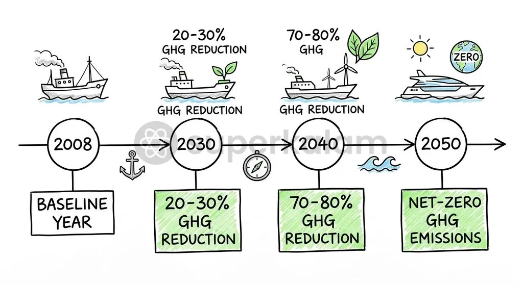 The IMO 2023 Strategy mandates progressive checkpoints toward net-zero shipping emissions by 2050.