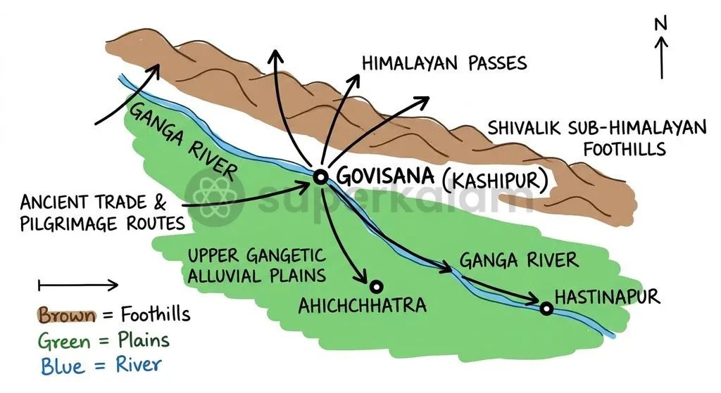 Govisana served as a vital geopolitical transit node bridging the upper Gangetic plain with trans-Himalayan trade routes.