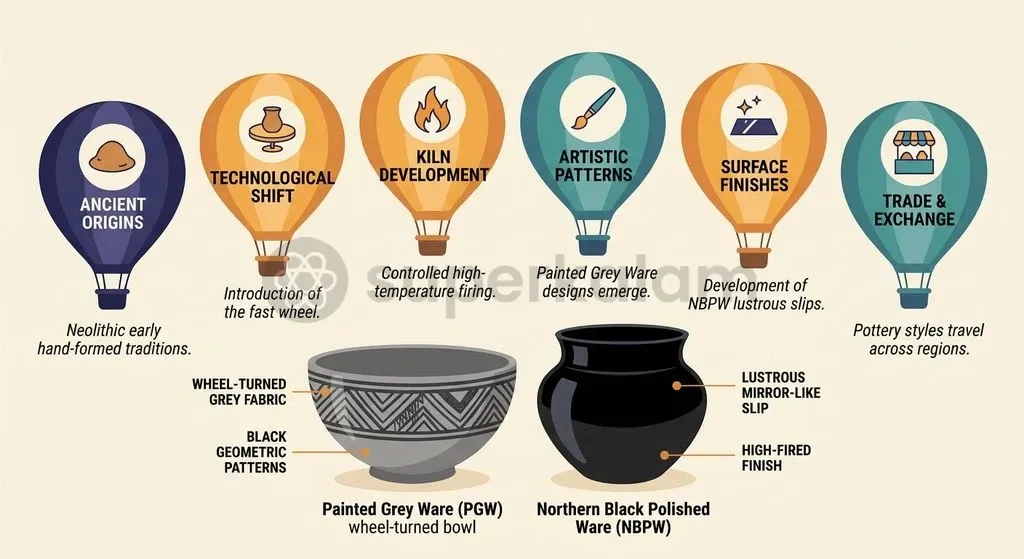 Ceramic typologies establish a material timeline from the agro-pastoral Iron Age to urbanised historical phases.