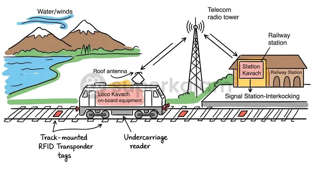 The four-pillar architecture of Kavach creates a continuous telemetry loop between trackside sensors, station processors, and the locomotive.