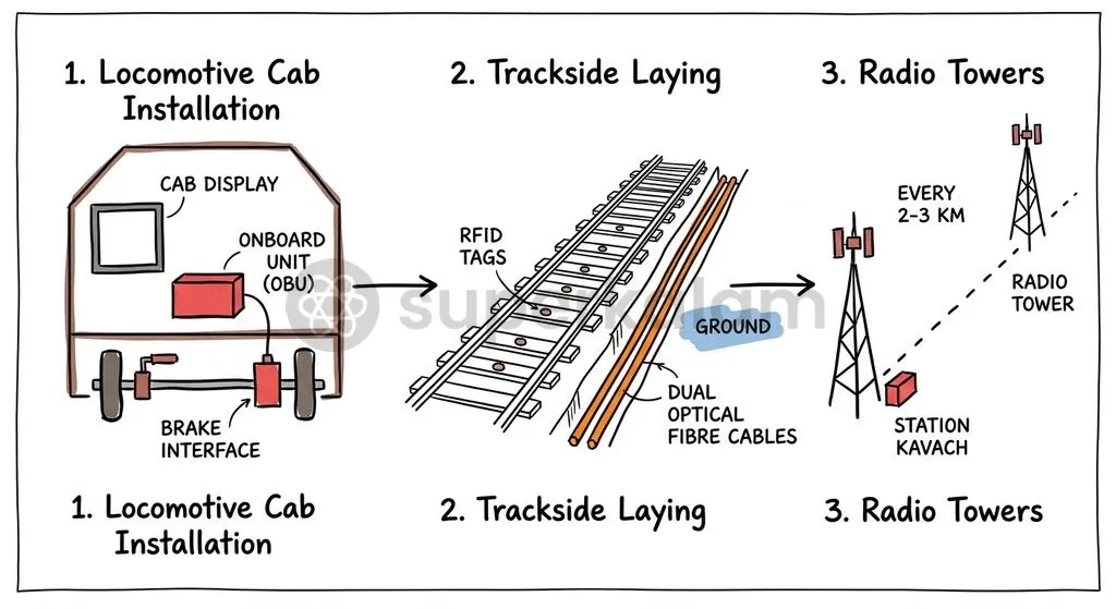 Rolling out Kavach across broad-gauge routes involves complex physical works, from optical fibre laying to locomotive cab retrofitting.