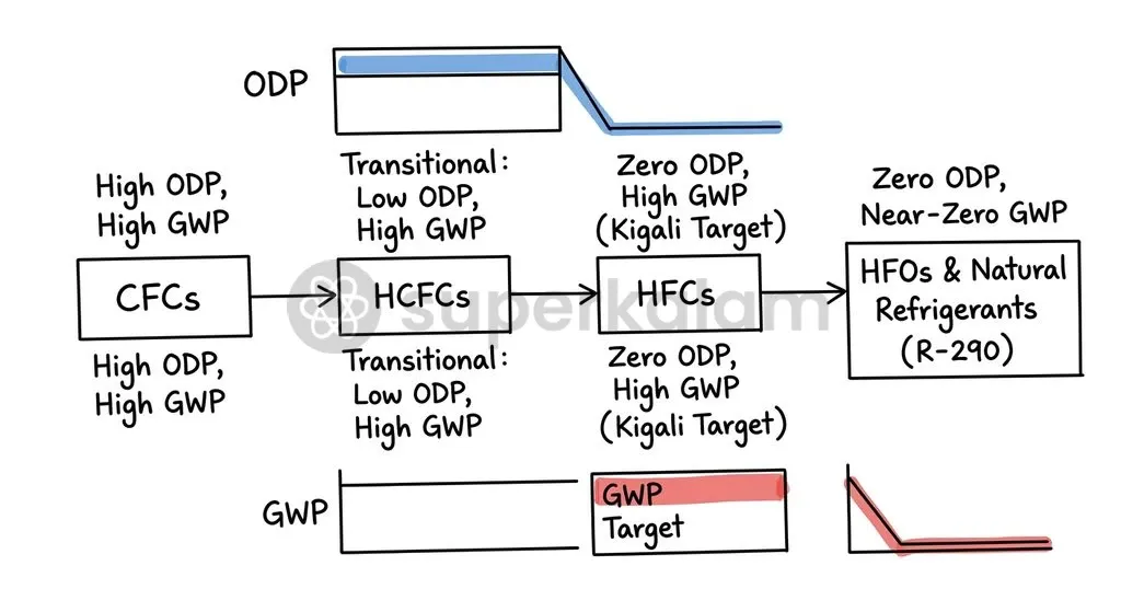 The transition of refrigerants under the Montreal Protocol balances stratospheric ozone preservation against global warming mitigation.