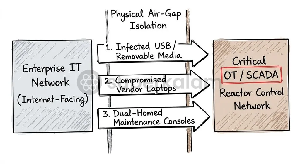 How physical air-gaps are breached: vendor diagnostic laptops, removable media, and dual-homed maintenance hardware form unmonitored bridges across physical perimeters.